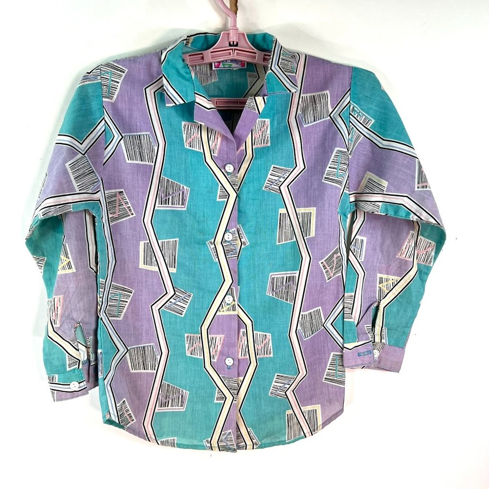 Jet Set Blouse Vintage Womens Size 8 Purple BL Abstract Retro 70's 80's US Made